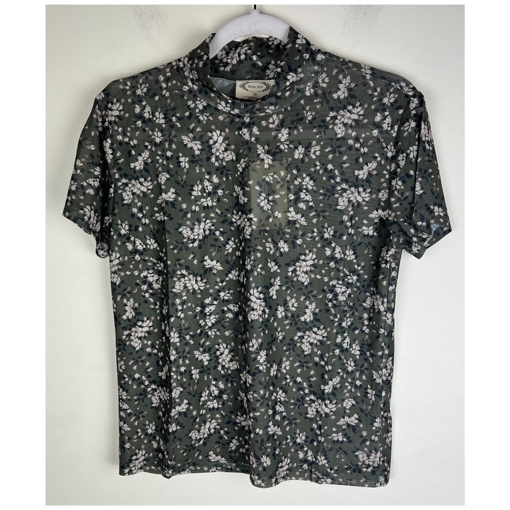 Joyfolie Western Prairie Cottagecore Evi High Neck Mesh Tee Olive Floral XL